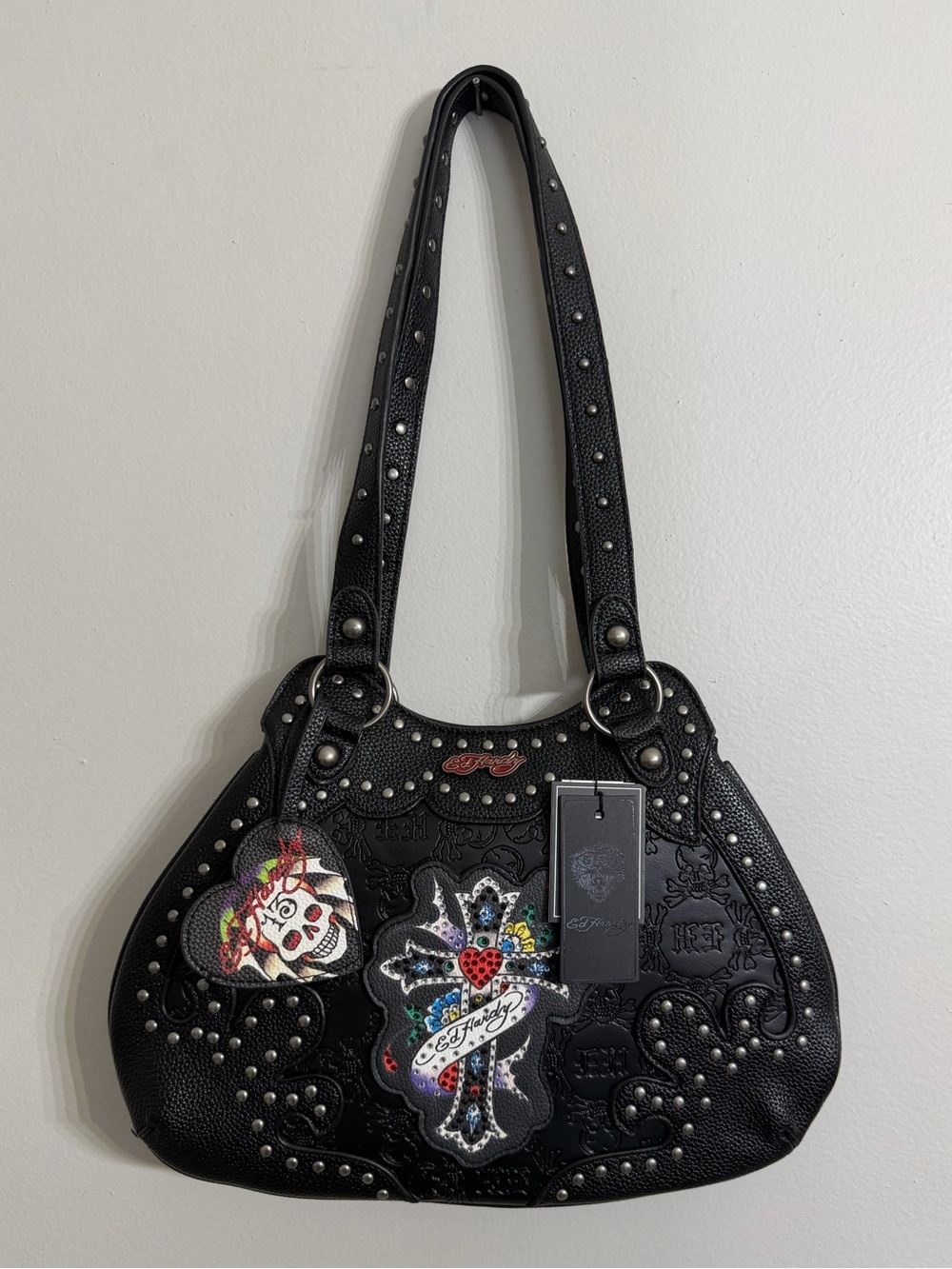 Ed Hardy Embossed Black Skull Cross Satchel